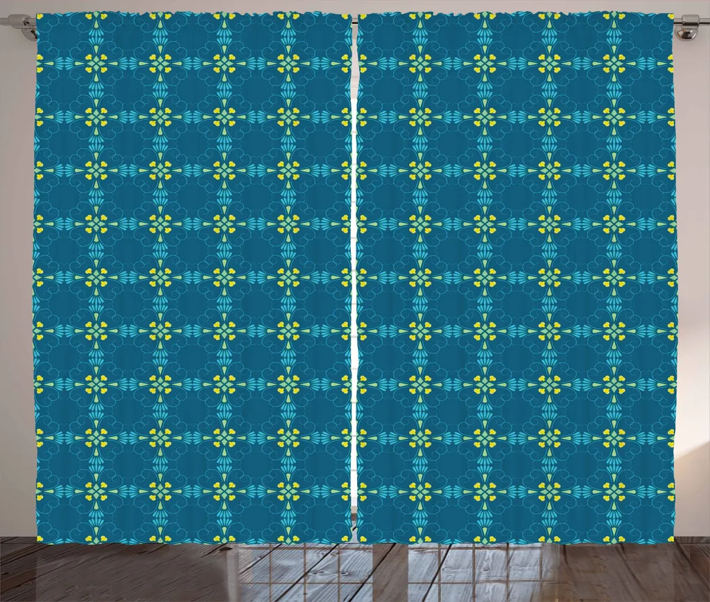 ABAKUHAUS Tenda rustica orientale, petali di fiori astratti, tenda con passanti e ganci per camera da letto, 280 x 175 cm, blu e giallo