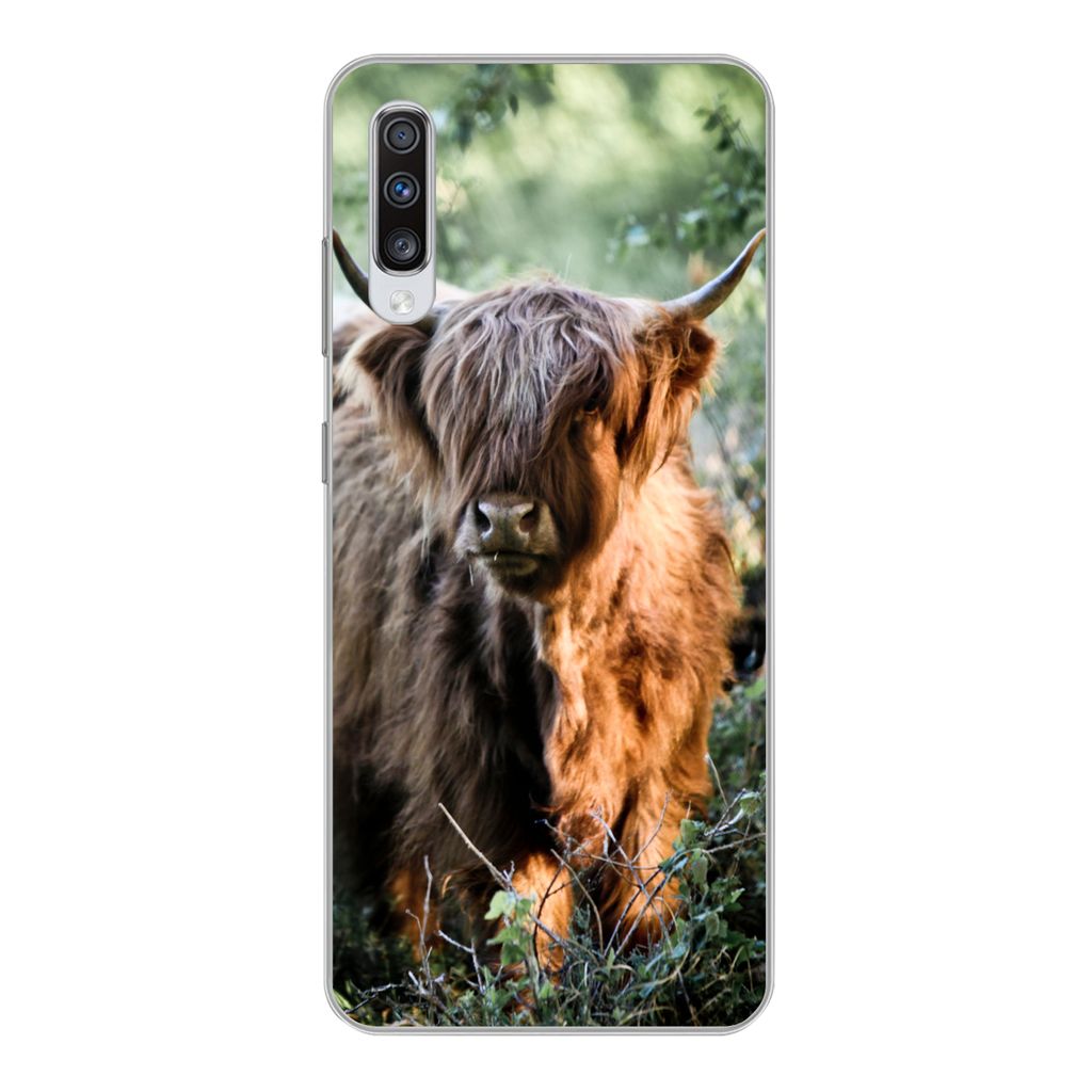MuchoWow Handyhülle Schutzhülle Hülle für Samsung Galaxy A70 Schottische Highlander - Wald - Tiere Silikon Softcase Handy Hülle - Schutzhaube