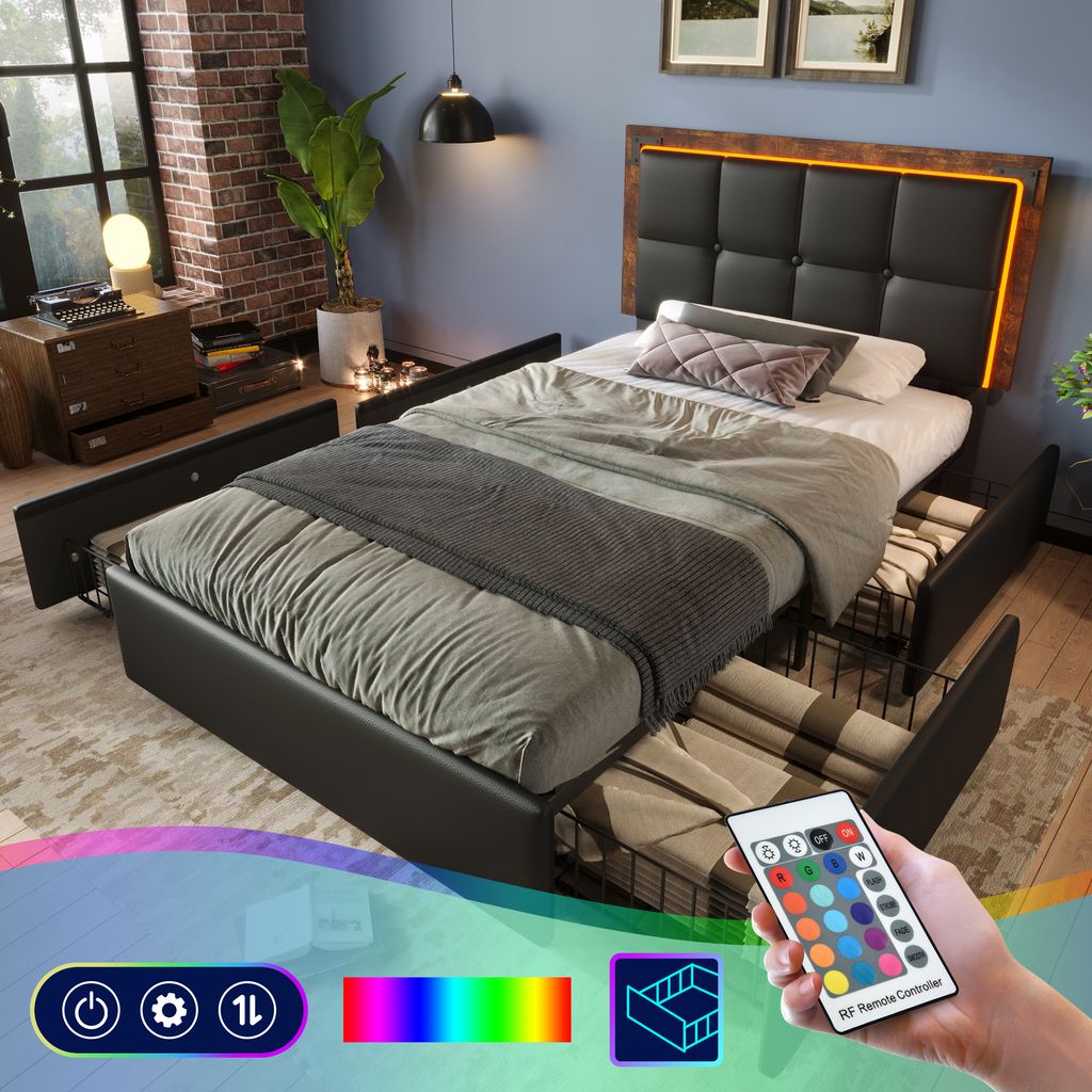 Flieks Polsterbett 90x200cm mit 4 Schubladen, Einzelbett Jugendbett mit LED, Stauraumbett Holzbett Funktionsbett mit Lattenrost, PU, Schwarz