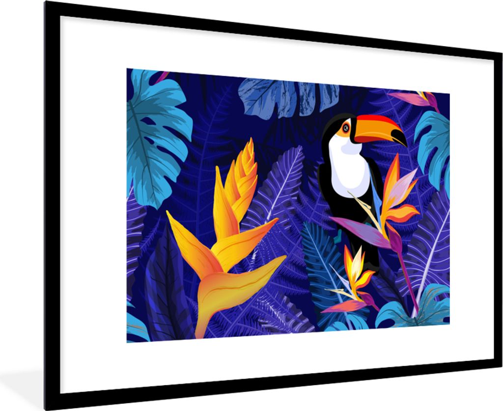 MuchoWow Gerahmtes Poster Dschungel - Tukan - Blumen - Pflanzen - Kinder - Lila - Tiere 90x60 cm - Poster mit Schwarzem Bilderrahmen Wandposter R...