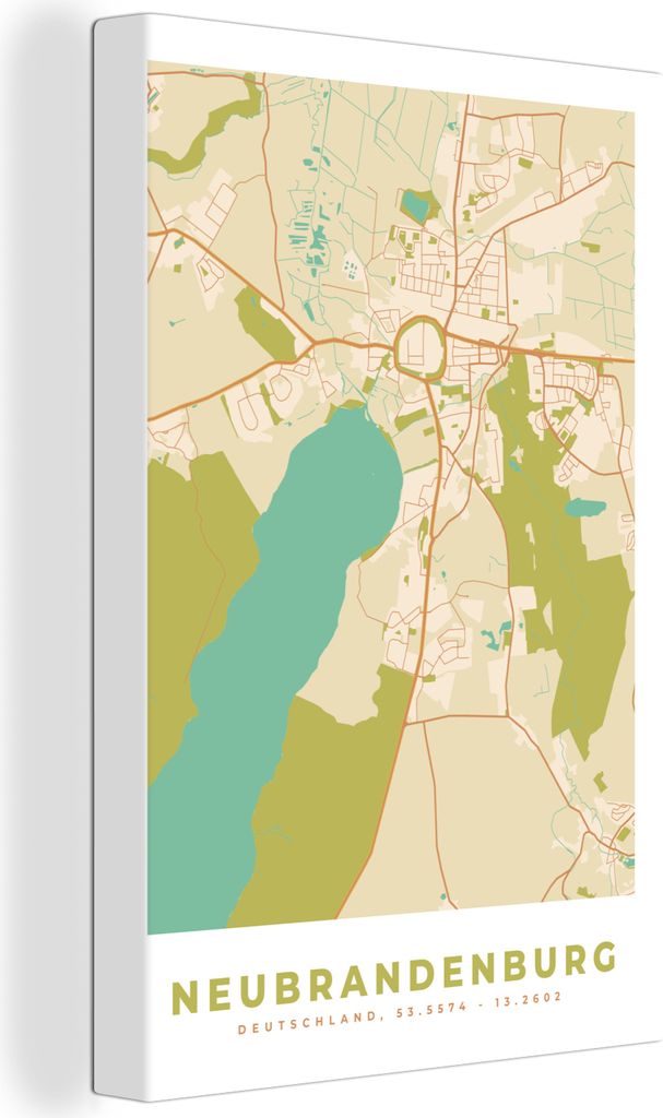 OneMillionCanvasses - Leinwandbilder - 90x140 cm, Karte - Neubrandenburg - Stadtplan - Vintage, Wandbilder Kunstdruck Wanddekoration - Foto auf L...