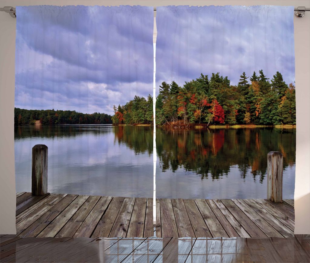 ABAKUHAUS See Rustikaler Gardine, Wooden Dock Fall Splendor, Schlafzimmer Kräuselband Vorhang mit Schlaufen und Haken, 280 x 245 cm, Mehrfarbig