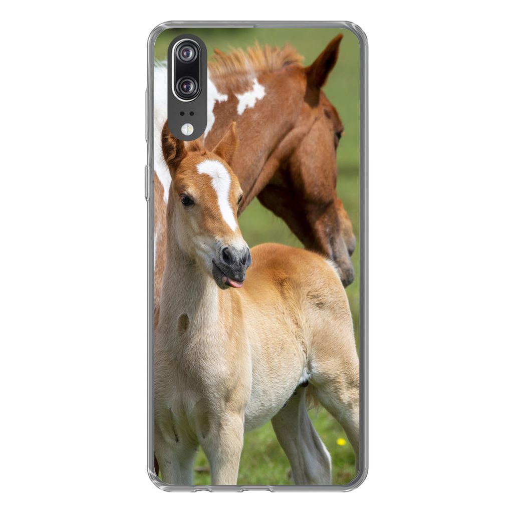 MuchoWow Handyhülle Schutzhülle Hülle für Huawei P20 Pferde - Fohlen - Gras Silikon Softcase Handy Hülle - Hardcover