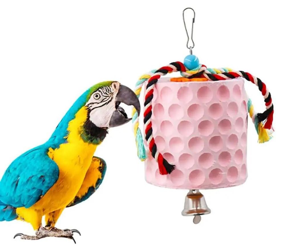 Vogelspielzeug - Mineral-Schnabelschleifstein - Extra großes Kauspielzeug - Mit Baumwollseilen und Glocke - Für Nymphensittich & Vogelkäfig - Rosa
