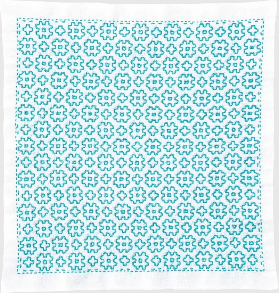 Confezione da ricamo Olympus Hitomezashi Sashiko "Hana Fukin Ido-Waku", tessuto stampato, 34x34 cm, originale dal Giappone