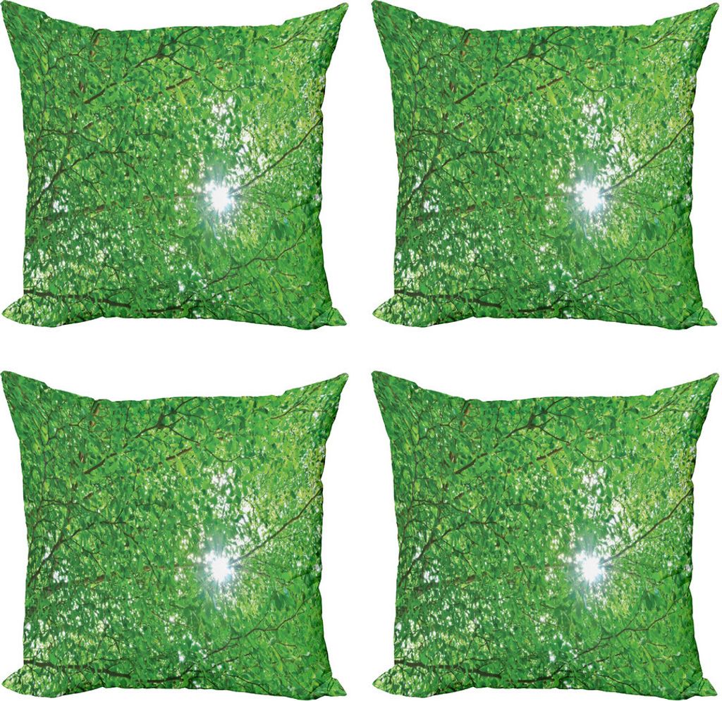 ABAKUHAUS Wald Kissenbezug Set (4 Stück), Branchen Sonne mit Baum, Moderner Doppelseitiger Digitaldruck, 50 cm x 50 cm, Grün