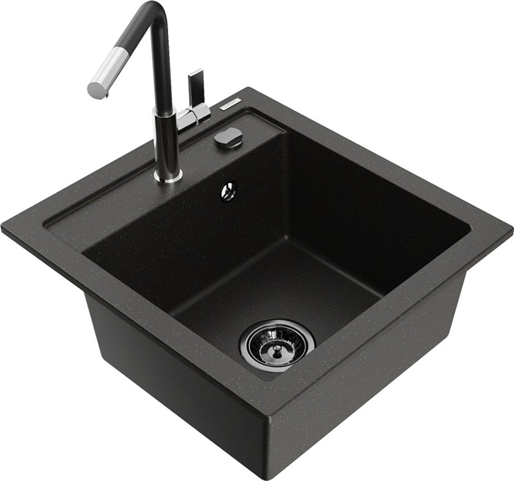 Mexen Vito 1-Becken-Granit-Spüle mit Mischbatterie Flora, Schwarz/Gold metallisch - 503-75-670401-07-B