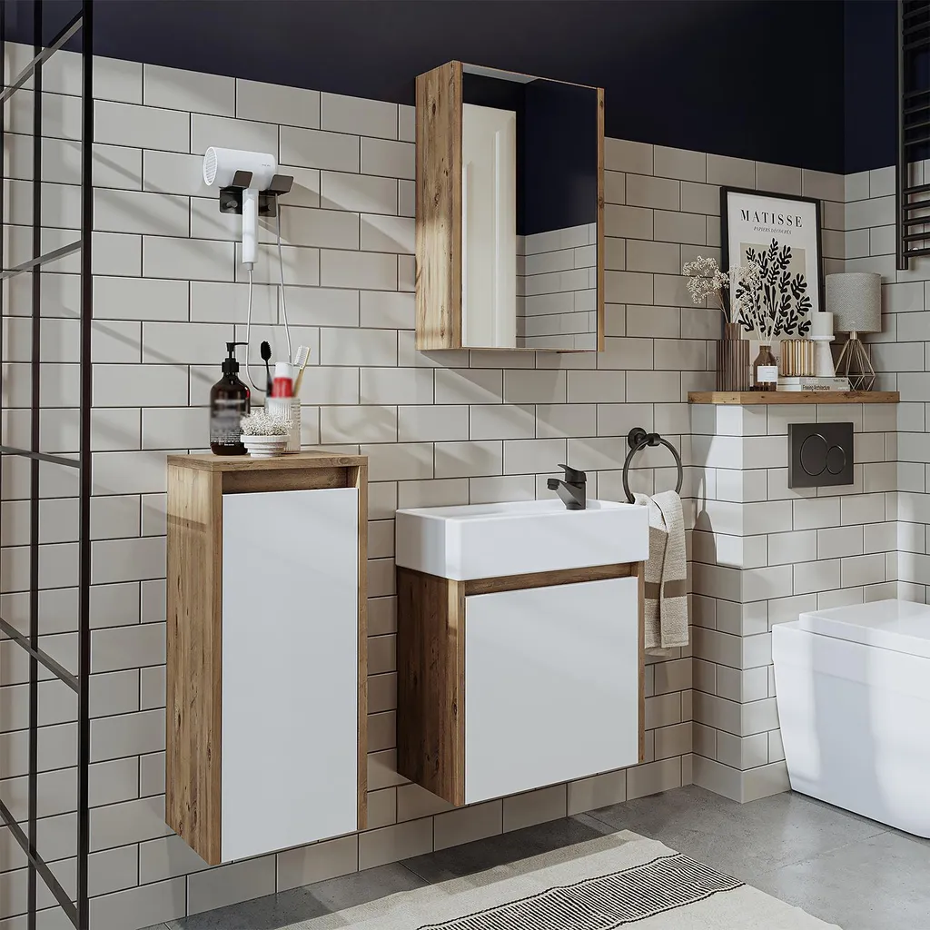 Meuble de Salle de Bain Complet 4 Pièces avec Armoire Haute Chêne Blanc