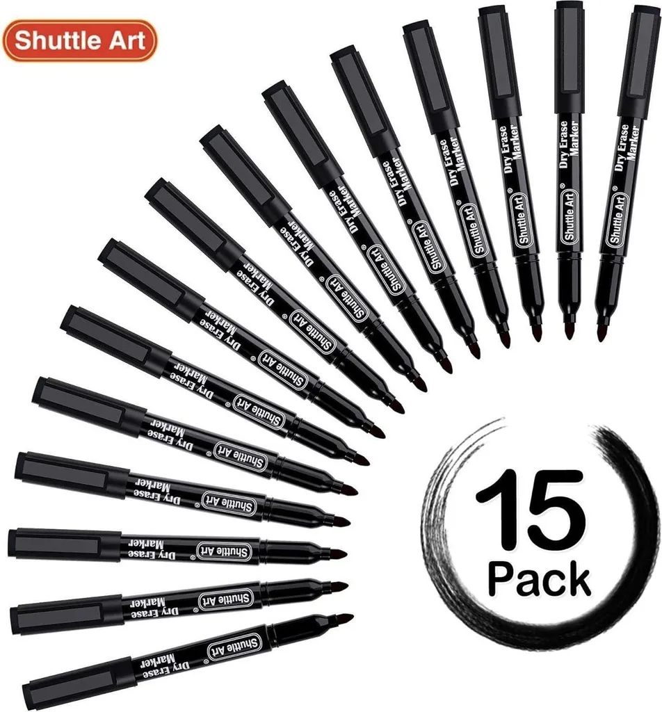 Feutre tableau blanc effaçable à sec noir avec aimant intégré - 15 pcs