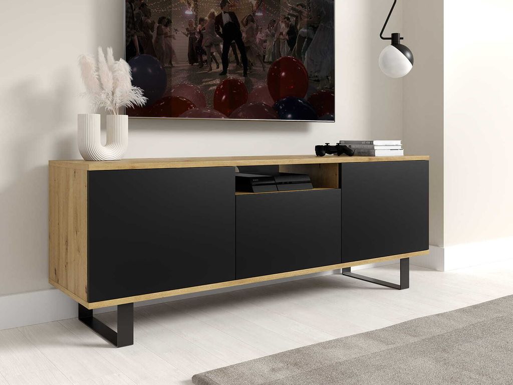 TV-Schrank 150 cm, Fernsehtisch, Lowboard, Artisan/Schwarz Matt, schwarze Metallfüße, Modernes Design, "Masimo"