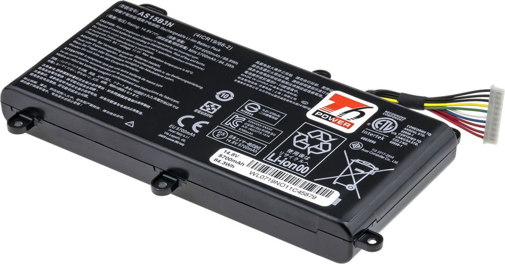 T6 Power Akku für Acer Laptop, Teilenummer AS15B3N, Li-Ion, 14,8 V, 6000 mAh (88 Wh), schwarz