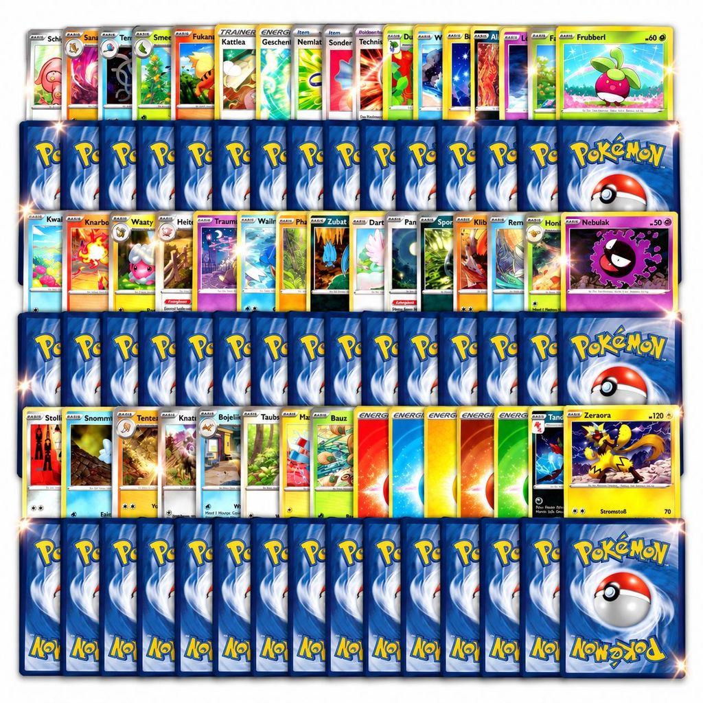 Pokémon-Sammelkarten-Set mit verschiedenen deutschen Pokémon-, Trainer- und Energiekarten sowie orig