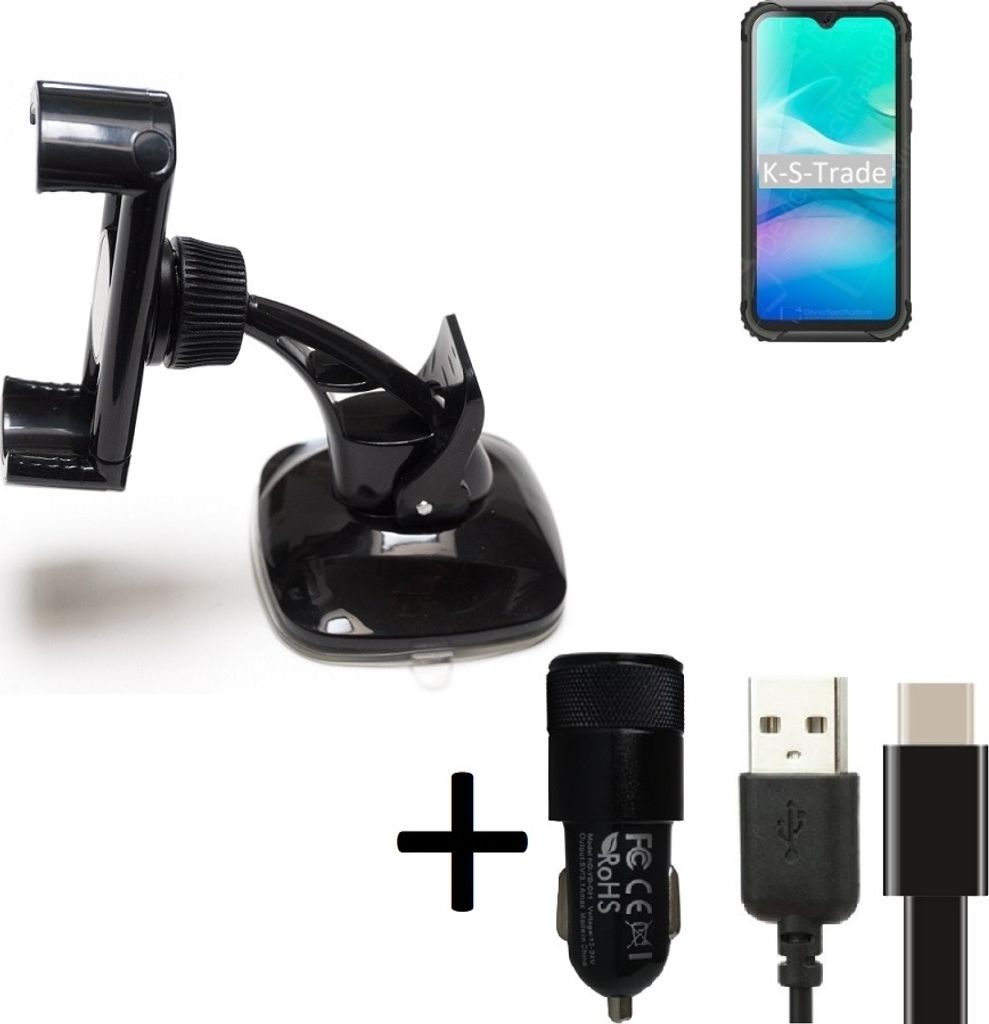 K-S-Trade Handy-Halterung kompatibel mit Blackview BV5900 Windschutzscheibe / Armaturenbrett + LADEGERÄT mit Mico USB Kabel Autohalterung