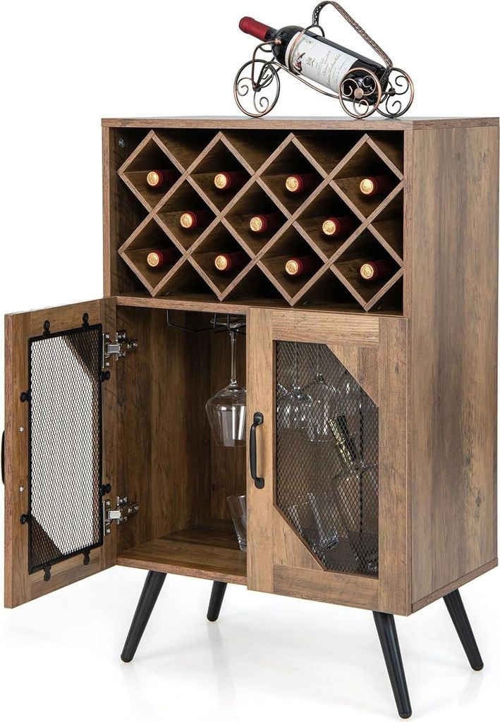 KOMFOTTEU Weinschrank für Küche, Industrieschrank mit herausnehmbarem Flaschenregal und Getränkehalter, Buffetmöbel mit 2 Netztüren und Kippvo...