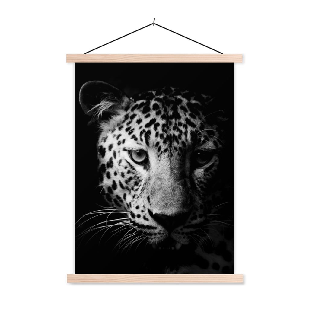 MuchoWow Textilposter Panther - Wildtiere - Schwarz und weiß - Tiere 40x53 cm mit holzfarbenen Rahmen - Schlafzimmer