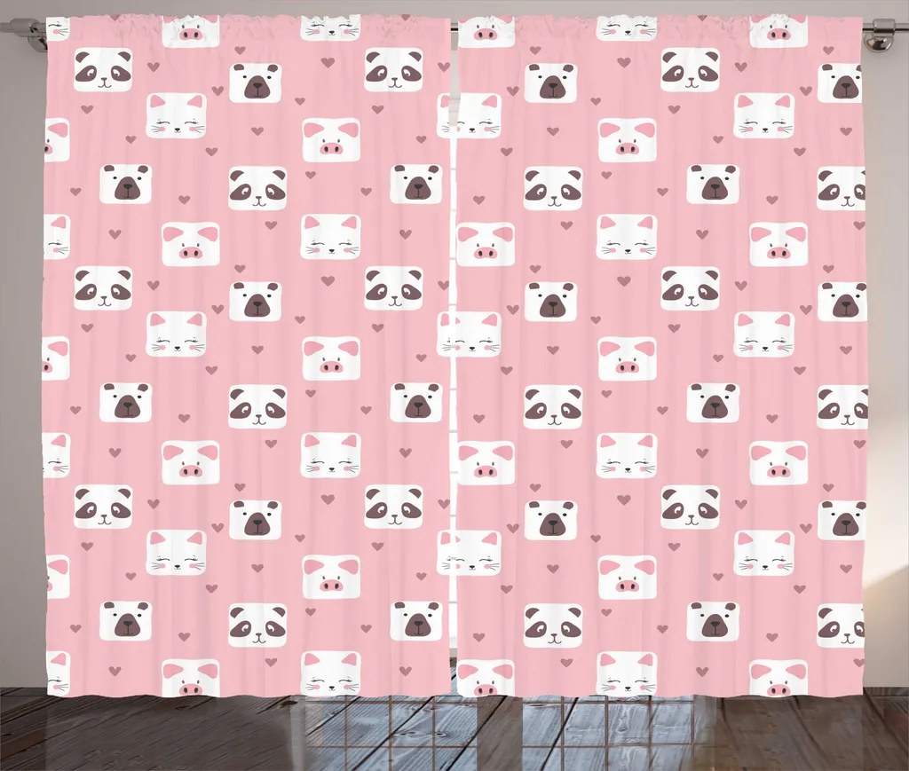 Rideau rustique ABAKUHAUS motif chat et ours, 280 x 225 cm, rose pâle