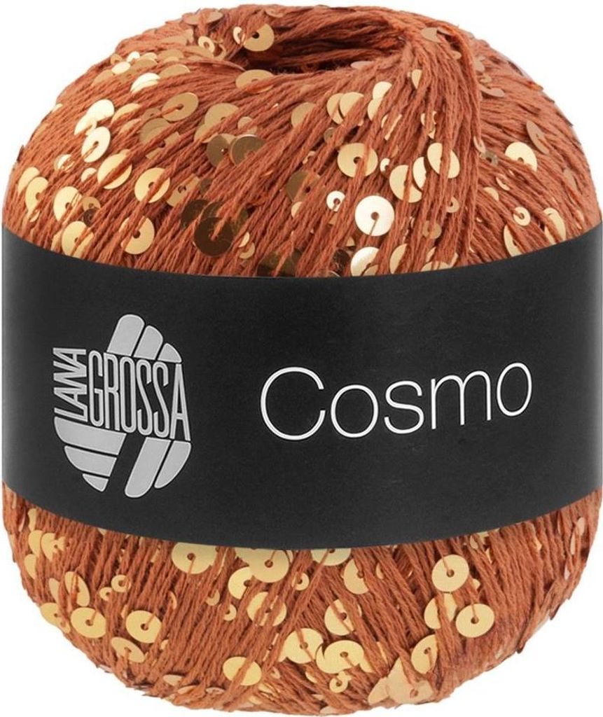 A ball of yarn with sequins on a black label.