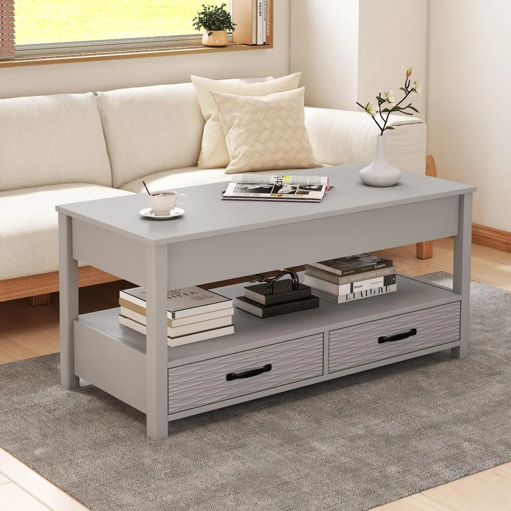 Table basse transformable grise bois avec rangement et plateau relevable - 8