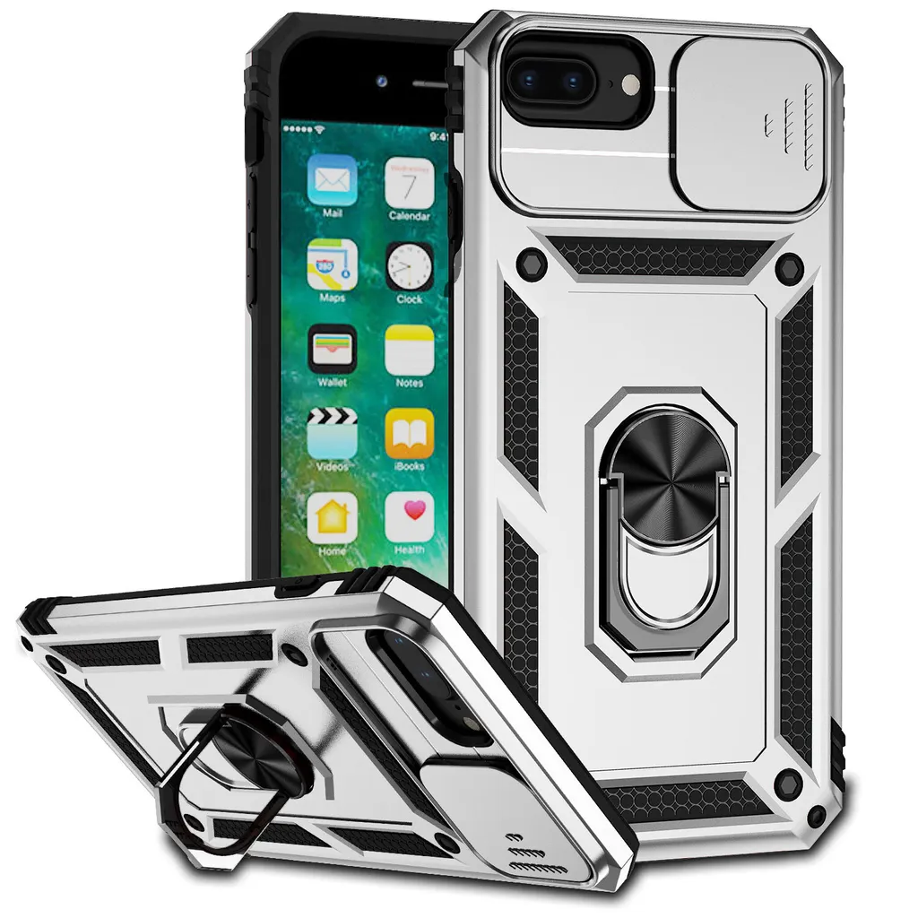 Custodia iPhone 8/7/6 Plus Argento con Protezione Fotocamera e Anello