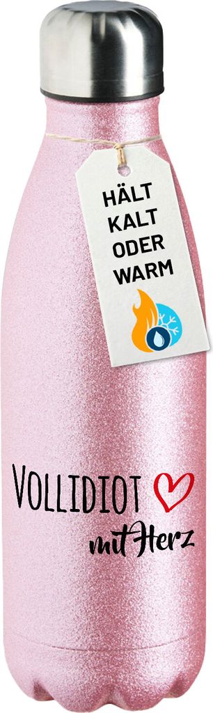 Huuraa Trinkflasche Vollidiot mit Herz 500ml Pink Edelstahl Wasserflasche Trinkflasche Geschenkidee