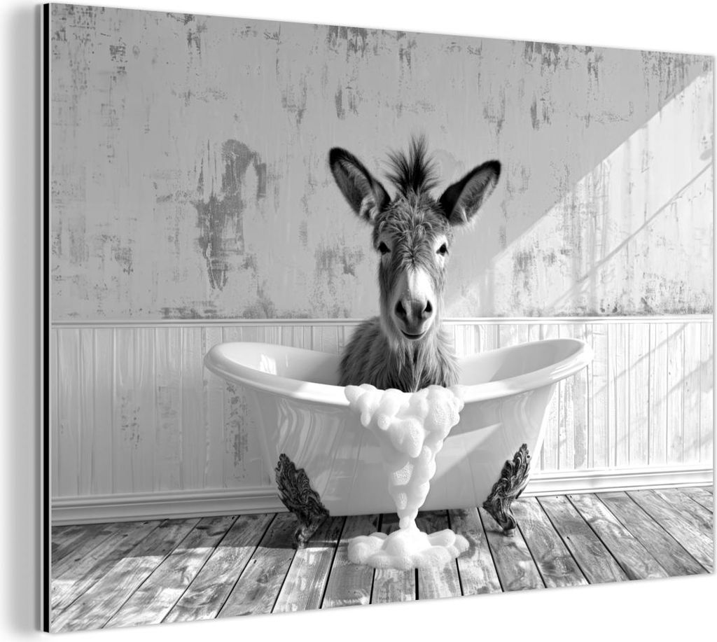 MuchoWow Wanddekoration Metall Metallbild Wandkunst 60x40 cm Esel - Tier - Vintage - Badewanne - Schwarz - Weiß MuchoWow Aluminium Gemälde - Gem...