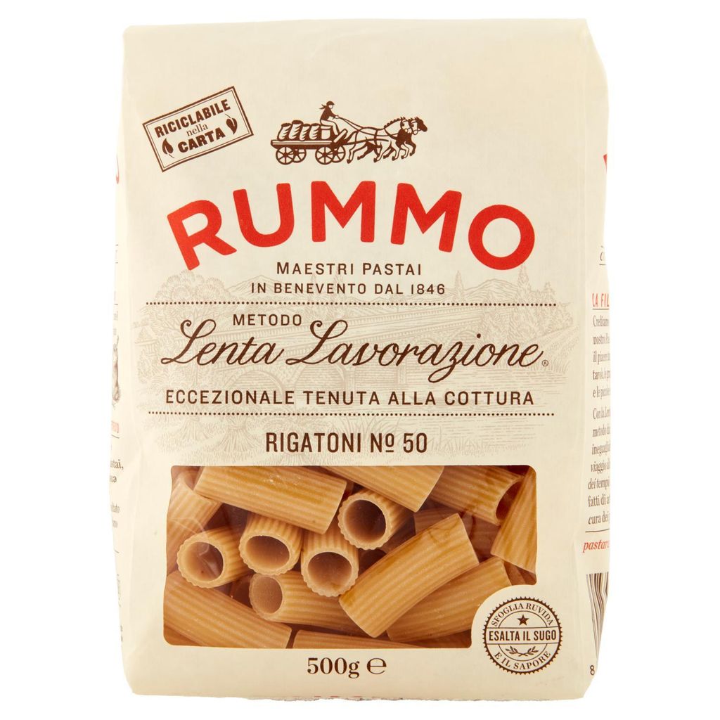 A bag of Rummo Rigatoni pasta.