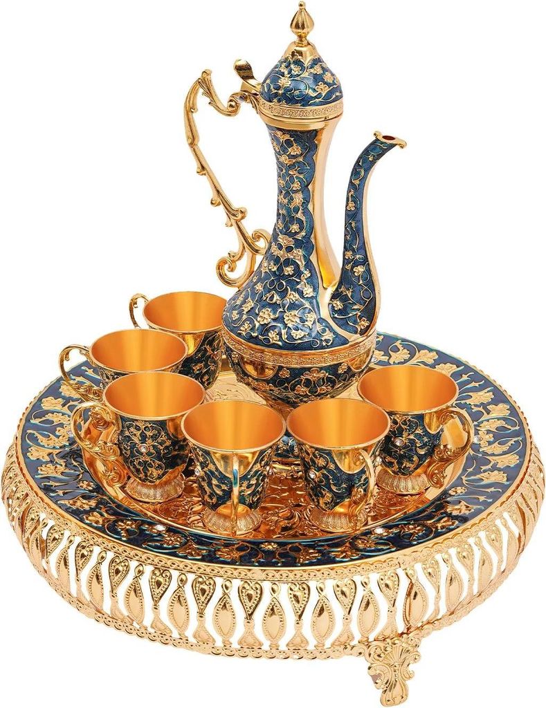 Teeservice - Teekanne & 6 Tassen - Metall - Für Tee & türkischen Kaffee - Ca. 280 ml Teekanne, 25 ml Tassen - Gold