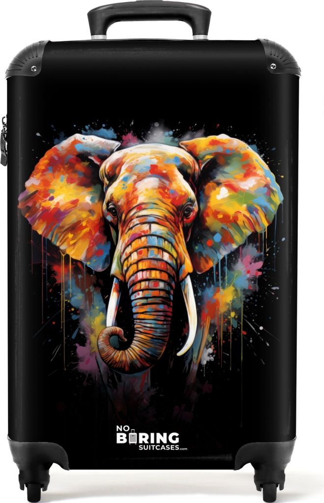 NoBoringSuitcases.com Koffer Handgepäck Trolley Rollkoffer Kleine Reisekoffer mit 4 Rollen - Elefant mit bunten Spritzern verziert - Cabin Size ...