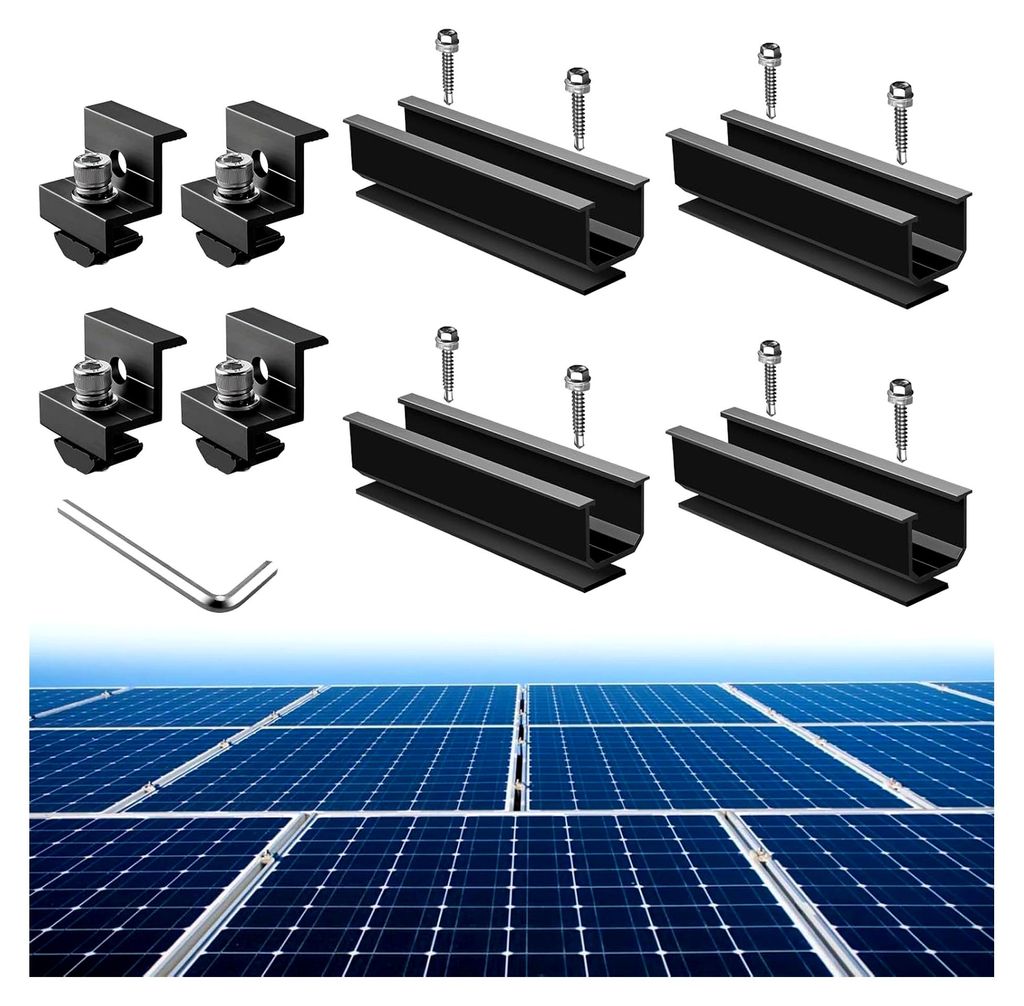 Halterungskit für Solarmodule, 4 Stück 120mm Kurzschienen in Schwarz aus Aluminium inklusive 4 Endklemmen für Modulhöhen von 30MM/35MM, 4 Gummi...