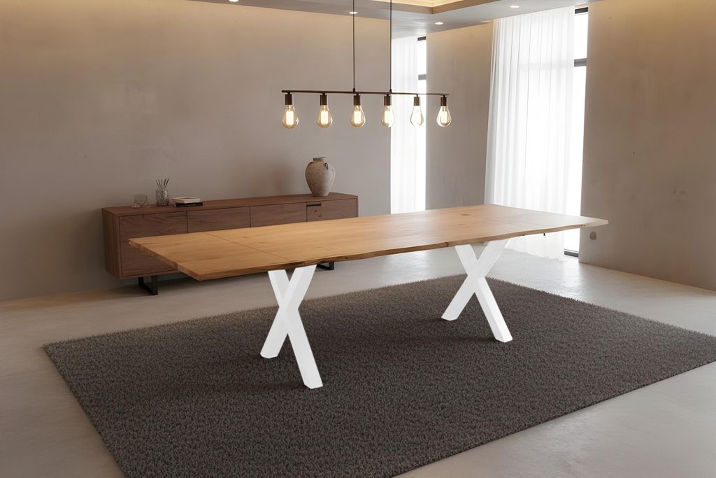 Esstisch 180(280)x90 cm mit Ansteckplatten Baumkante Wildeiche massiv X-Gestell weiß SERRA