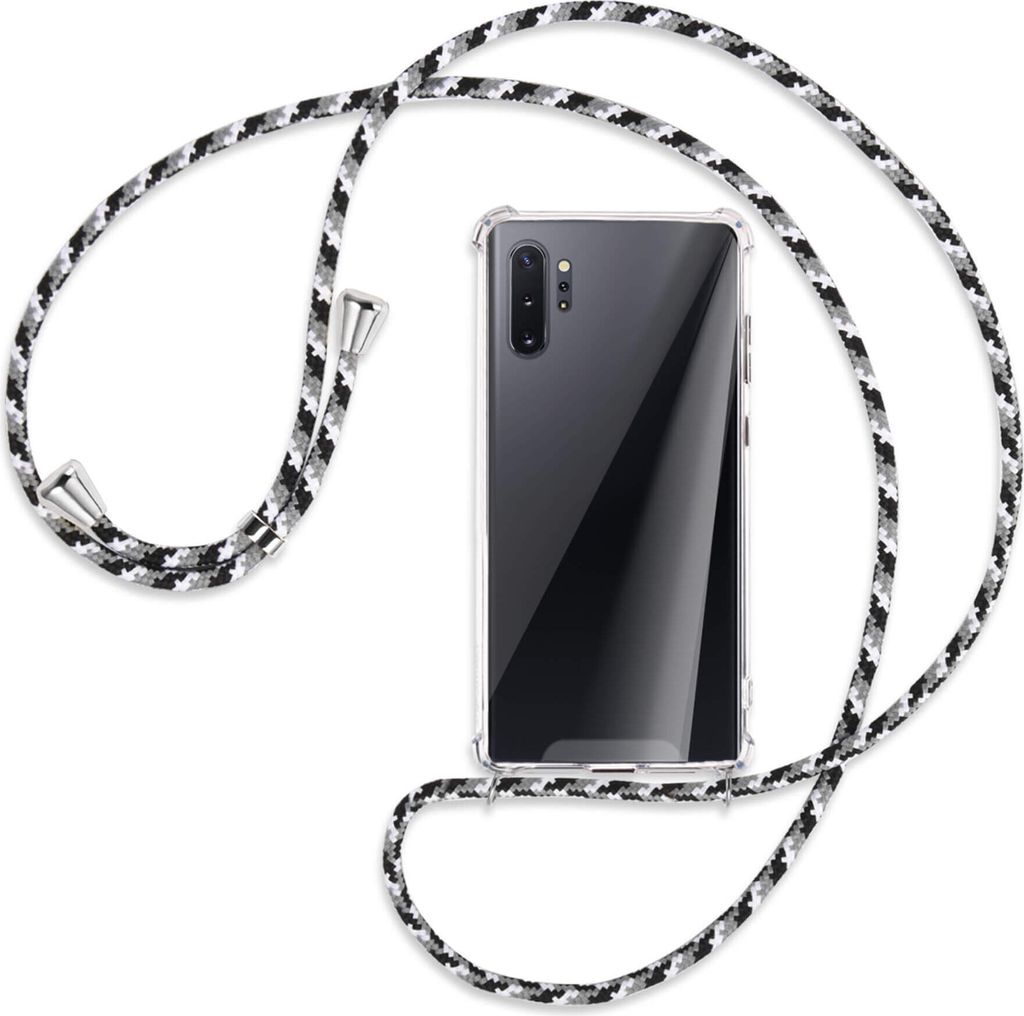Handykette Backcover-Schutzhülle mit Band (Metall silberfarben) für Samsung Galaxy Note 10 Plus - schwarz/grau/weiß