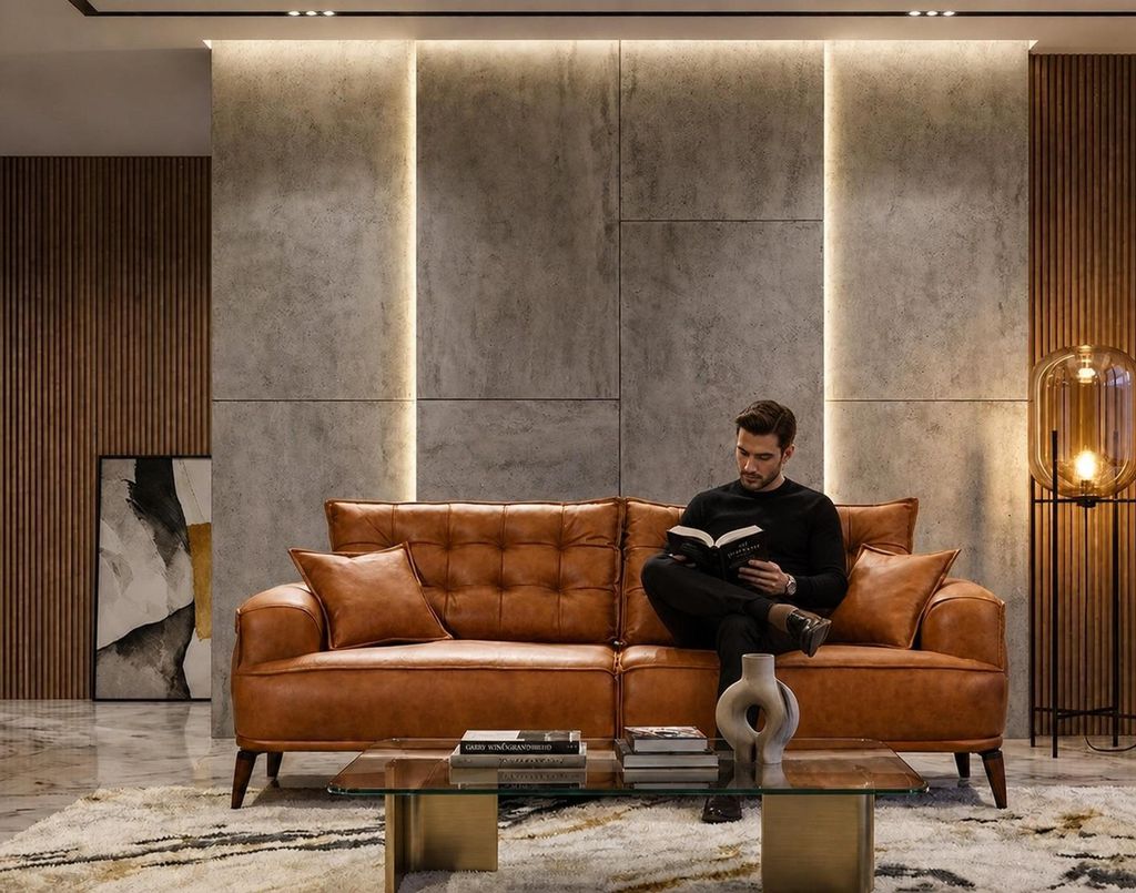 3Sitzer-Sofa Leder Modern Braun Bequem Kissen Komfortabel Elegant Neu