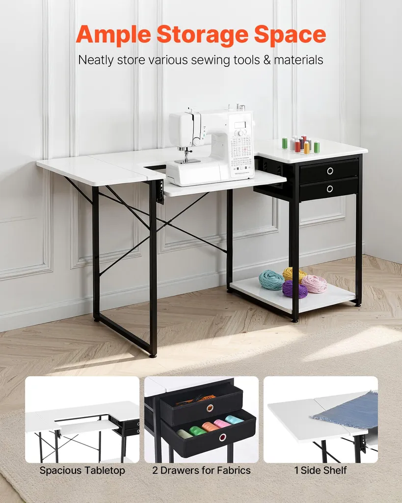 Bureau de couture multifonction avec rangement et plateau extensible gris