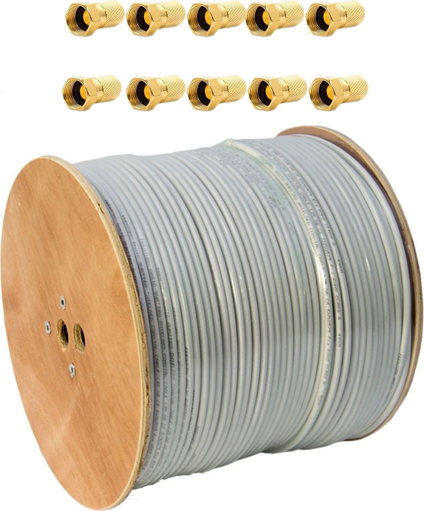 PremiumX 500m Deluxe Pro Koaxialkabel 135 dB 5-fach geschirmt Reines Kupfer Antennenkabel mit 10x F-Stecker