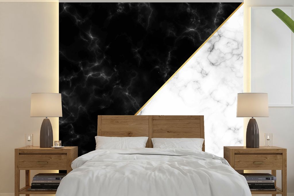 MuchoWow Fototapete für Wohnzimmer oder Schlafzimmer Wandtapete Vinyl Motivtapete Marmor - Weiß - Schwarz - Gold - 220x220 cm - Tapeten