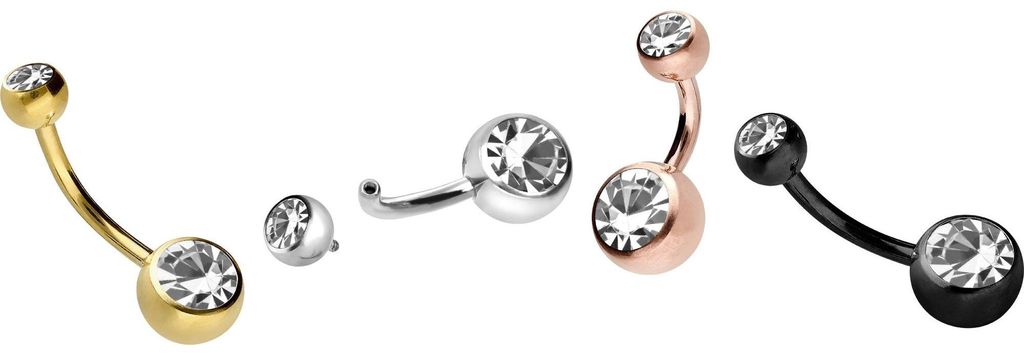 Bauchnabelpiercing Titan Bananabell mit Innengewinde ZWEI KRISTALLE Silber Stablänge: 12mm