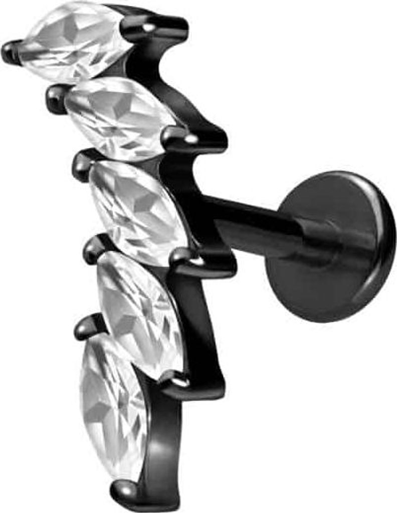 Ohrpiercing, Nasenpiercing Titan Labret mit Innengewinde 5 EINGEFASSTE KRISTALLTROPFEN Schwarz Stablänge: 8mm | Stabstärke: 1,6mm