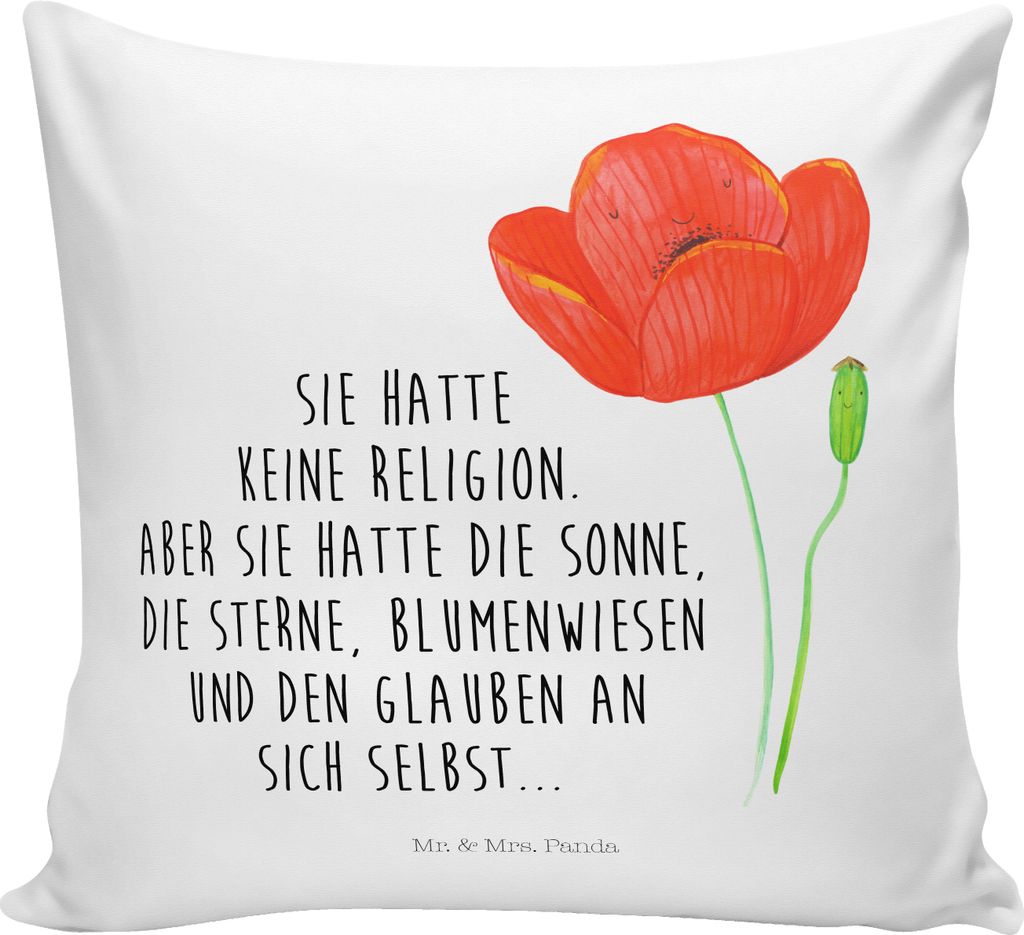 Mr. & Mrs. Panda Deko Kissen Blume Mohnblume - Weiß - Geschenk, bedruckt, Kuschel, Dekokissen, kuschelkissen 40x40, Mohn, Selbstliebe, Religion, M...