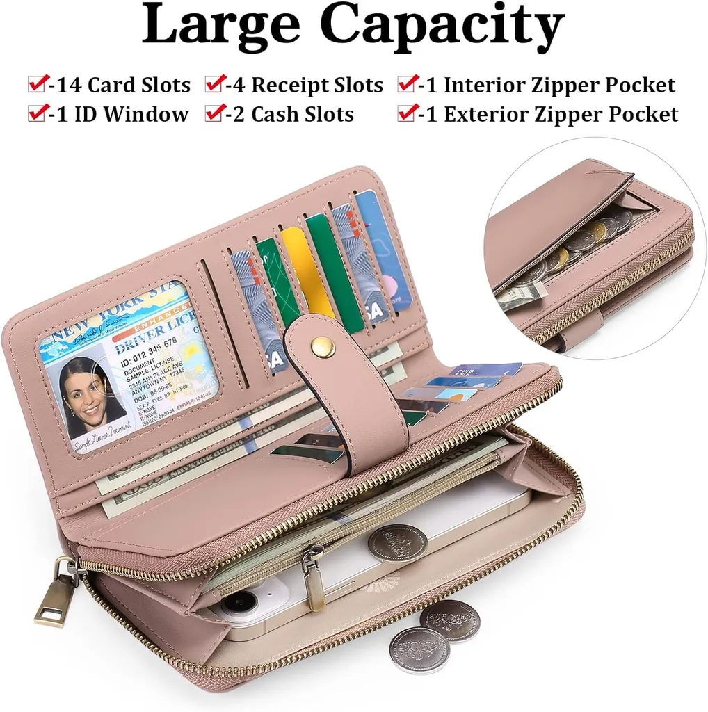 Portafoglio Donna Grande Medio Portafoglio Donna Portafoglio Donna in pelle Grande capacità - con protezione RFID - con 14 scomparti per carte e tasca per il resto - 2