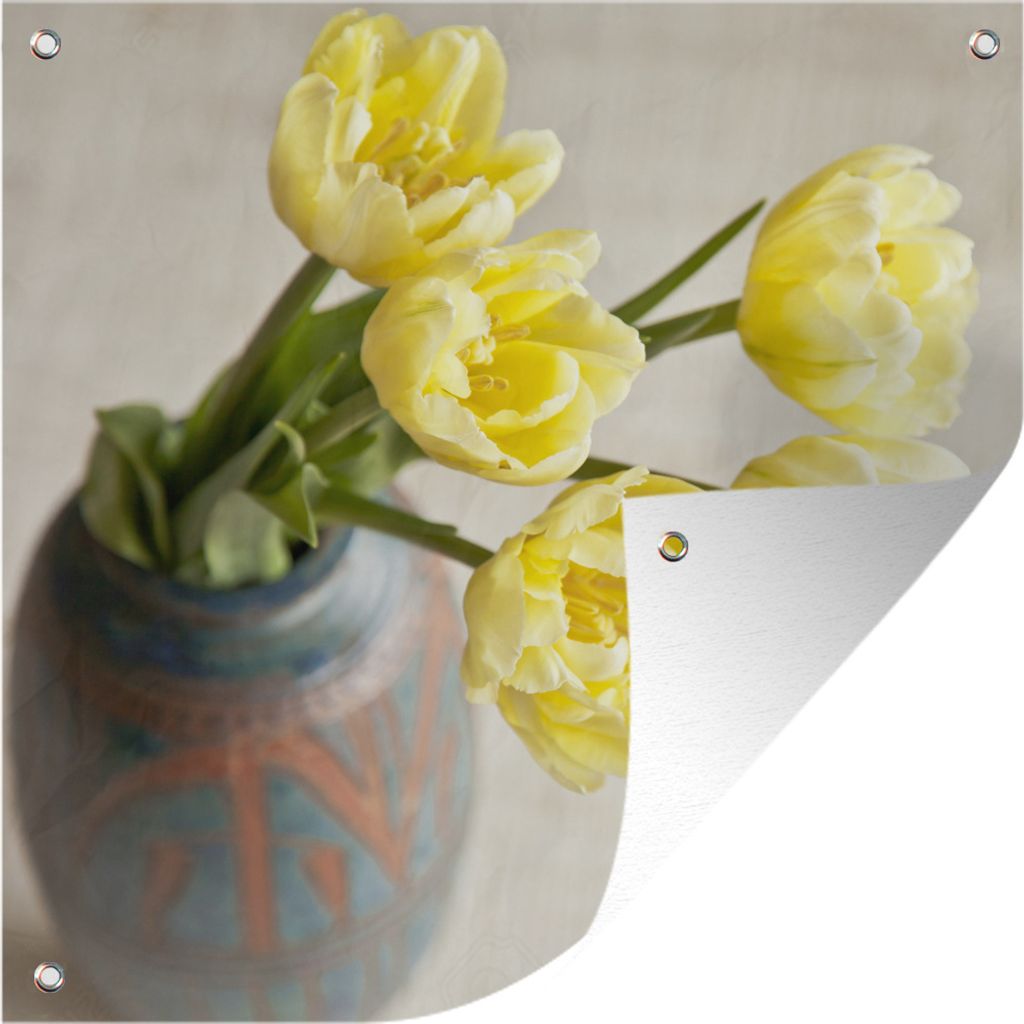 MuchoWow 100x100 cm Outdoor-Poster Gartendeko Sichtschutz Garten Poster für den Garten Gelbe Tulpen in einer Steinvase