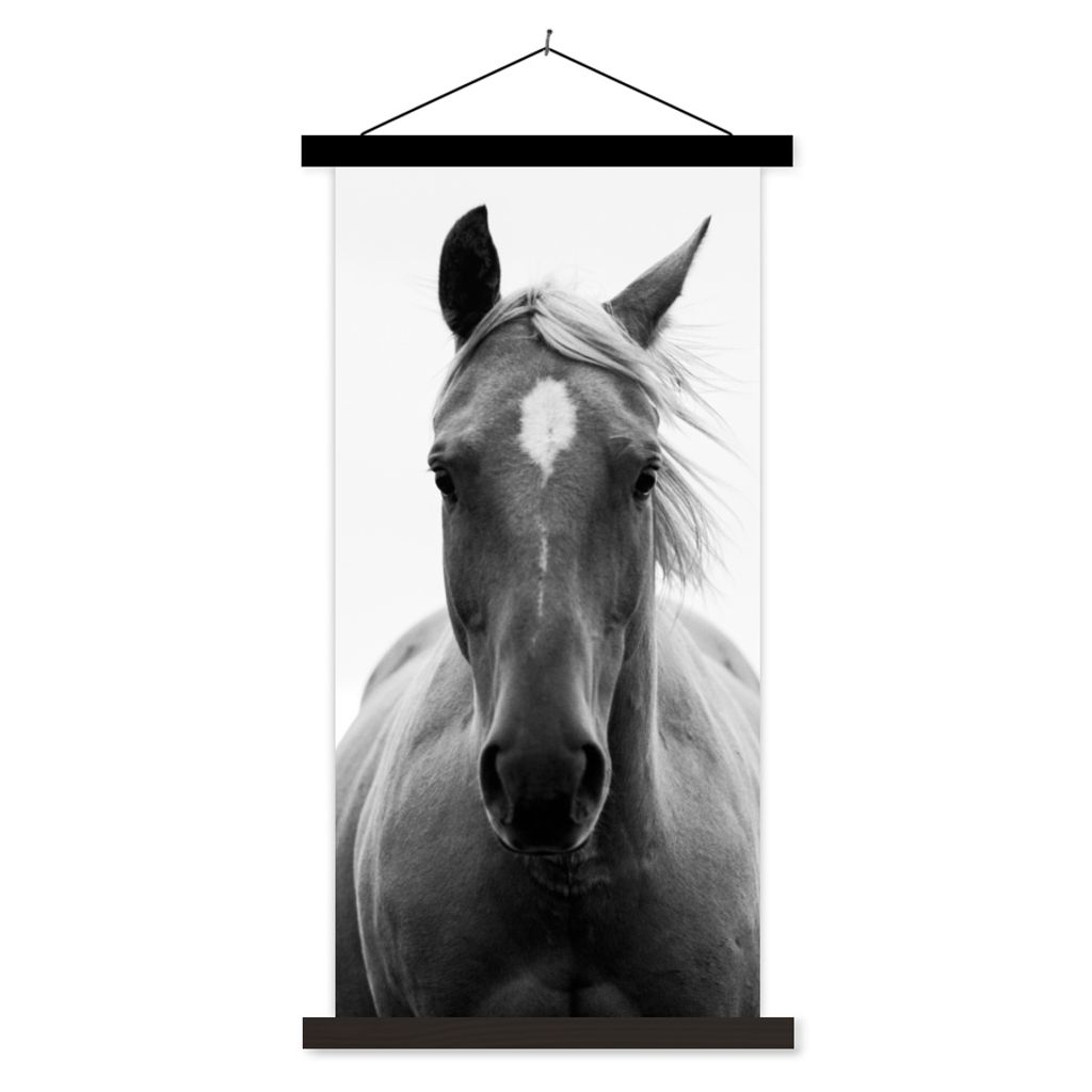 MuchoWow Textilposter Pferd - Tier - Schwarz - Weiß 60x120 cm mit schwarzem Rahmen - Magnete
