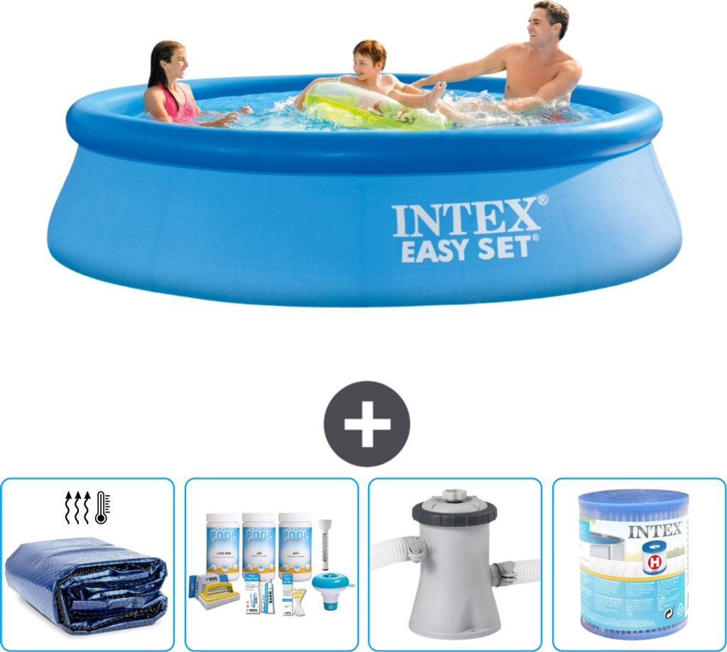 Intex runder aufblasbarer Easy Set-Pool – 305 x 76 cm – Blau – im Lieferumfang enthalten Sonnensegel - Wartungspaket - Filterpumpe für Schwi...