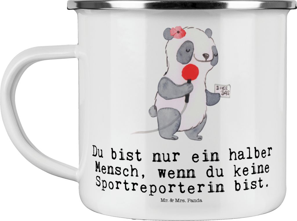 Mr. & Mrs. Panda Teebecher Sportreporterin Herz - Weiß - Geschenk, Haferl, becher emaille, Teetasse, Pott, Motivtasse