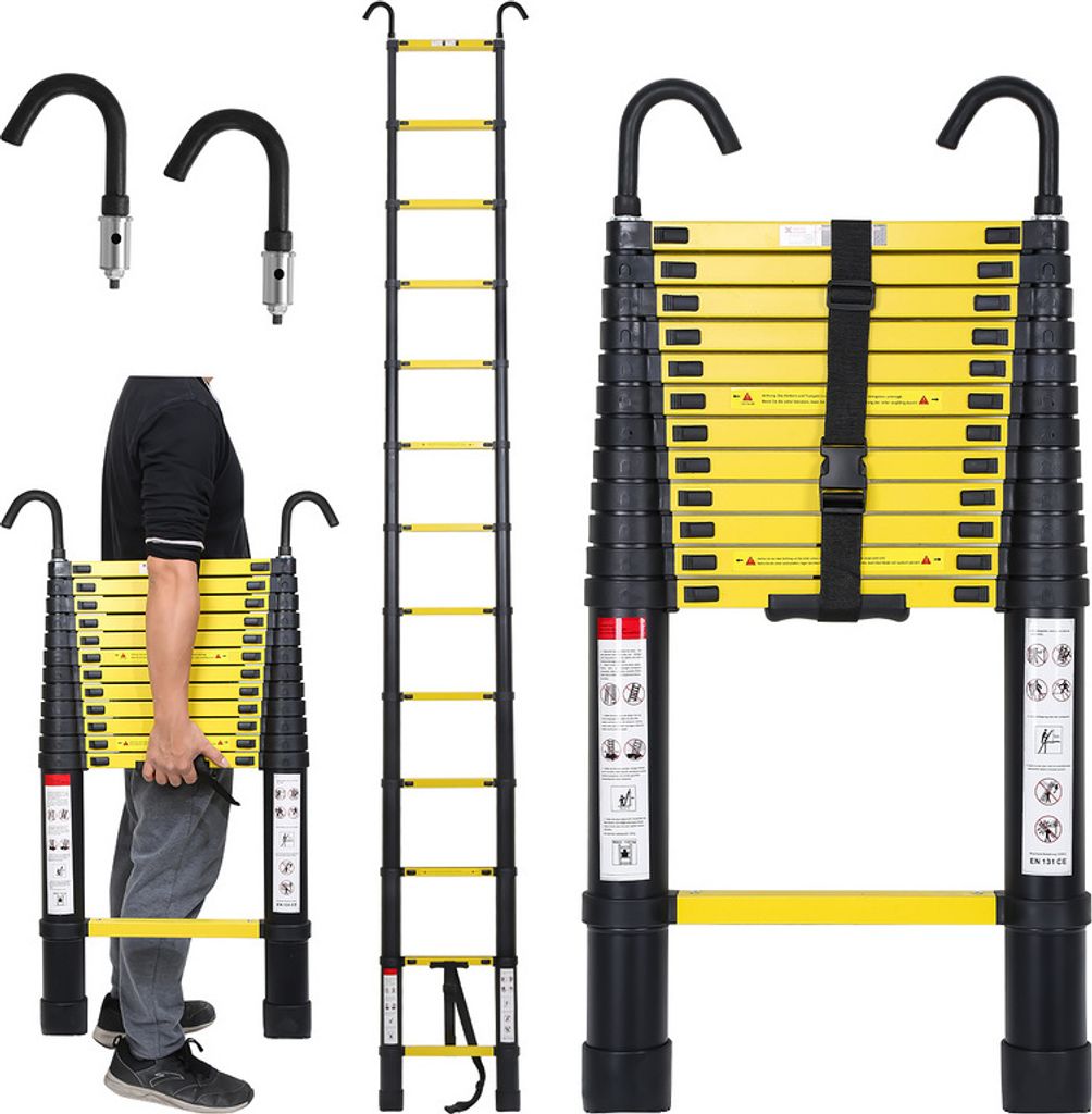 Jopassy Teleskopleiter 3,8m mit haken Stehleiter Ausziehleiter Stabil Aluminium bis 150kg