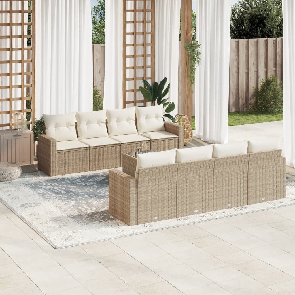 Design 9-tlg. Garten-Sofagarnitur mit Kissen Beige Poly Rattan, Gartenmöbel-Sets 2024 Neu