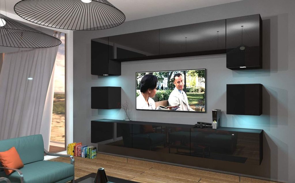 Furnitech Wohnwand Wohnzimmer - Wohnzimmer Möbel mit LED Weiß - Hängend Wohnwand Modern - Wohnzimmer Schrankwand(Nowara AN1-17B-HG20 1B)