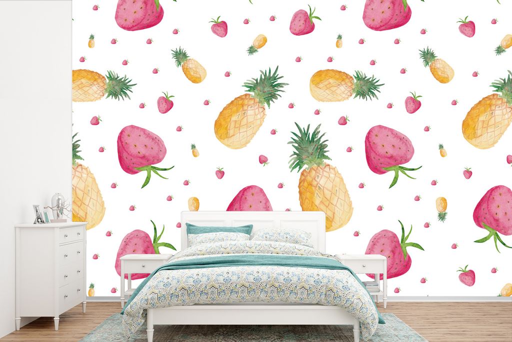 MuchoWow Fototapete für Wohnzimmer oder Schlafzimmer Wandtapete Vinyl Motivtapete Ananas - Erdbeeren - Schablonen - 525x350 cm - Das Hintergrund...