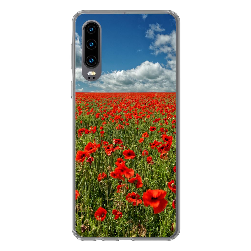 MuchoWow Handyhülle Schutzhülle Hülle für Huawei P30 Schneeweiße Wolken über einem Mohnblumenfeld Silikon Softcase Handy Hülle - Kartenbes...