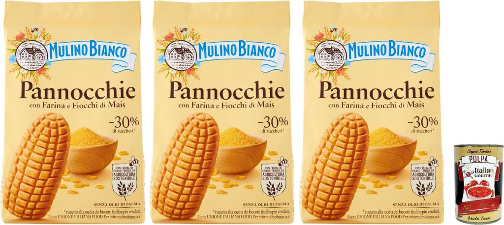 Mulino Bianco Pannocchie Biscotti con Farina di Mais, Kekse aus Maismehl, biscuits cookies, 3x 350 g + Italian Gourmet polpa 400g