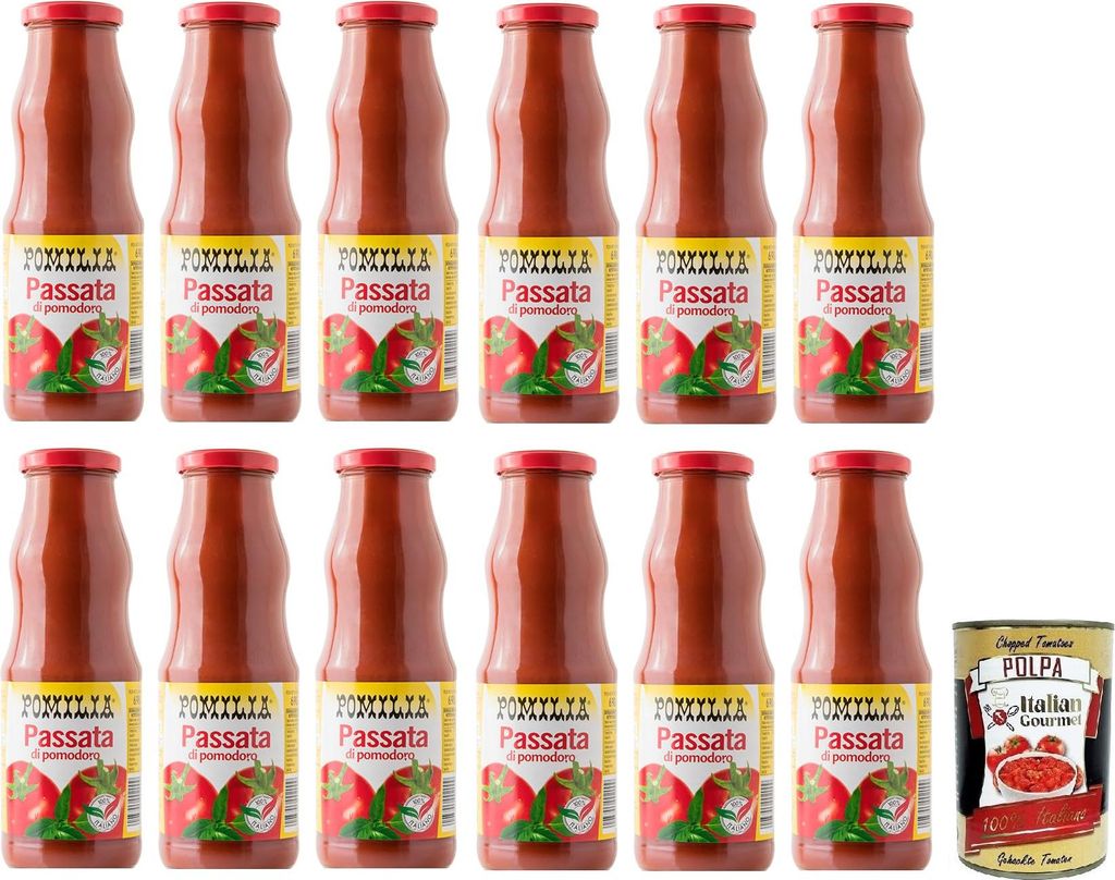 12x Pomilia Passata di Pomodoro,Tomatenpüree,100% italienische Tomaten,690g Glas + Italian Gourmet Polpa di Pomodoro 400g Dose